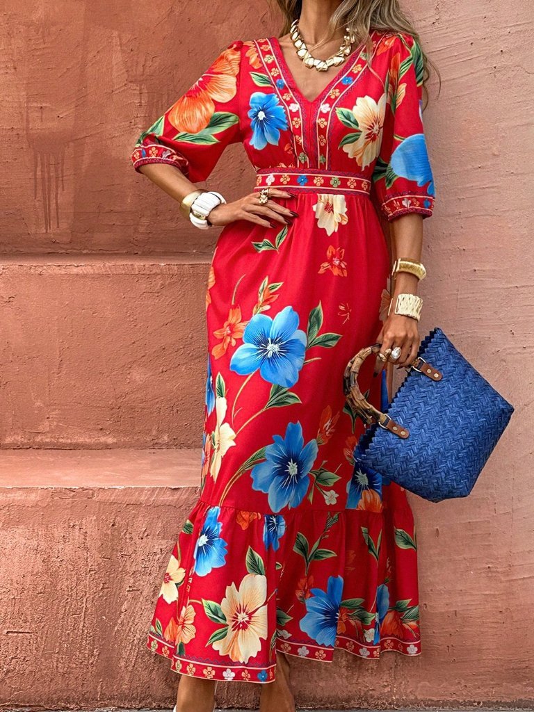 Red Boho Women's Elegant Casual V-Neck A-Line Dress